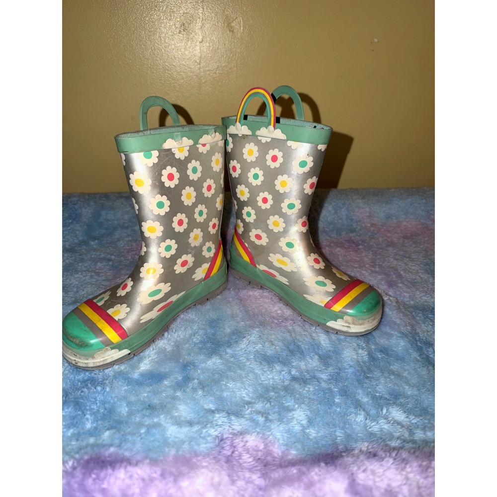 Western Chief Kids Silver Daisy Floral Rainbow Waterproof Rain Boots Size 12 - Picture 3 of 6